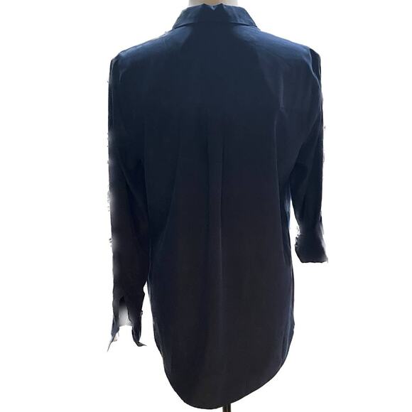 Express Button-Up Cotton Blend Shirt Women M Navy Blue White Embroidered Flowers - Picture 4 of 11